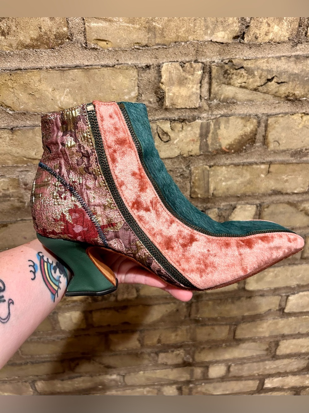 John Fluevog Super Fine Highness Leather, Velvet and Brocade Ankle Boots